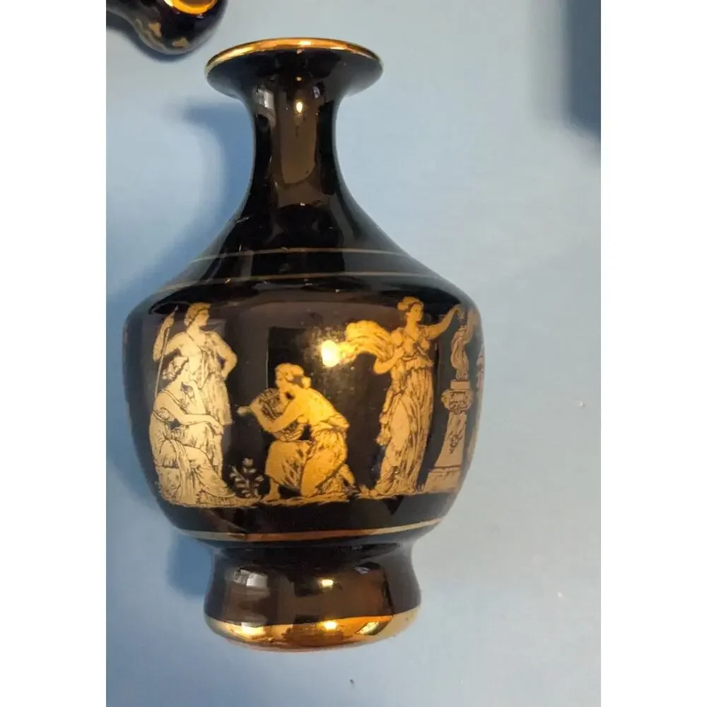 Vintage Handmade Greek Pottery Set 24K Gold Black Glaze 2 Mugs 2 Vases Sicily